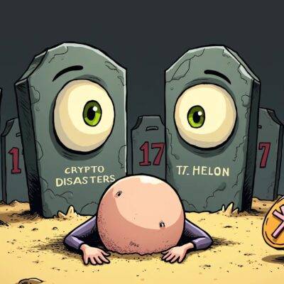 An illustration: a cartoon figure is shown with its head in the sand. The figure has 17 tombstones behind it labeled 'Crypto Disasters'. In front of the figure are two large, ominous-looking eyes staring at them. One eye holds an egg timer and the other one displays a countdown clock ticking down to zero. A small token flies into view from off-screen with a red "X" marked through it as if rejected by the figure in the sand. The background is dark grey with faint outlines of broken chains, suggesting previous failures have been overcome but not learned from.