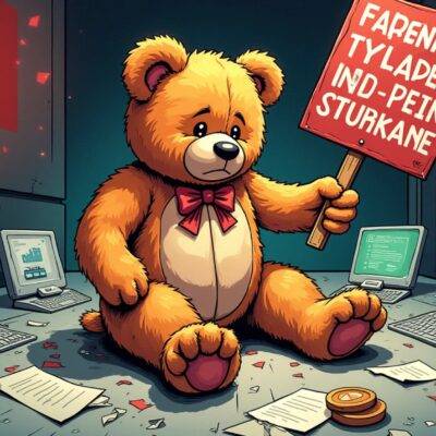 An illustration of a giant beanie baby sitting on top of an empty crypto trading platform with red warning signs and broken screens all around him while he holds up his own Ponzi scheme sign. A few scattered coins are seen at his feet as well as some torn papers in the background that resemble contracts or receipts, hinting at the derivatives traded by users instead of actual assets. The beanie baby's face is a mix of guilt and panic with its eyes wide open while it looks down on the chaos below him.
