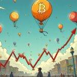 An illustration depicting an economic graph in free fall towards the ground with various cryptocurrencies floating above it like balloons; some have popped while others remain intact but look precarious; Bitcoin is shown as a large balloon at the center of the image. In the background, there are subtle hints of traditional financial institutions and regulatory frameworks trying to grasp or stabilize the situation. The overall atmosphere conveys uncertainty and volatility amidst potential growth and development in the crypto industry.
