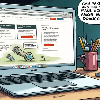 A comic illustration of a Mac user's desktop with multiple windows open, including one displaying the fake Loom app and another showing their wallet being drained by AMOS malware. In the background, a Google AdSense ad is visible, masquerading as a legitimate program download.