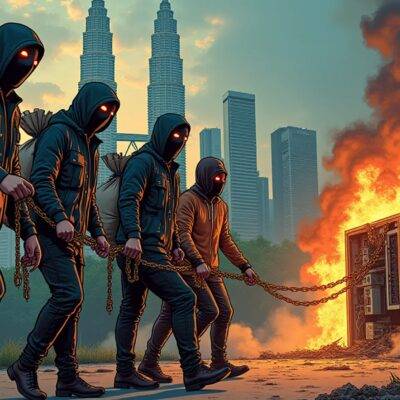 An illustration of a group of masked individuals holding a man captive in front of a cityscape with Kuala Lumpur's Petronas Twin Towers visible. The captors are shown carrying large bags filled with cryptocurrency tokens while the victim is restrained by chains made from computer hardware components, such as motherboards and hard drives. In the background, flames engulf an abandoned mining rig amidst smoke billowing into the air. A faint image of a Tether (USDT) logo can be seen in the corner, partially obscured by clouds of steam rising from the burning equipment.