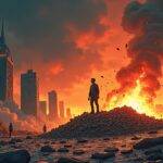 An illustration depicting an apocalyptic landscape with crumbling skyscrapers amidst clouds of smoke; at center stage lies Mango Markets' logo buried under rubble as flames engulf it; nearby stands the SEC's seal on top of what appears to be a destroyed clock tower. A faint image in the background shows Avraham Eisenberg being led away by authorities, while MNGO tokens are scattered across the ground like falling leaves with some stuck between broken glass shards and others caught in barbed wire entanglements;