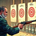 An illustration of Avraham “Avi” Eisenberg standing at a shooting gallery with various targets labeled as commodities fraud, manipulation, wire fraud, judgment of acquittal, new trial, Commodities Exchange Act (CEA), swaps or mixed swaps under the CEA and interstate wires. He is holding an empty rifle pointing towards these targets while wearing a determined expression on his face. In the background there are several broken glass bottles with labels that read "fundamental errors", "legal flaws" and "evidentiary issues".