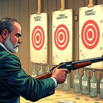 An illustration of Avraham “Avi” Eisenberg standing at a shooting gallery with various targets labeled as commodities fraud, manipulation, wire fraud, judgment of acquittal, new trial, Commodities Exchange Act (CEA), swaps or mixed swaps under the CEA and interstate wires. He is holding an empty rifle pointing towards these targets while wearing a determined expression on his face. In the background there are several broken glass bottles with labels that read "fundamental errors", "legal flaws" and "evidentiary issues".