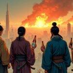 An illustration of a group of Japanese retail traders, dressed as samurai warriors from feudal Japan, standing together on a mountain peak with their backs to the viewer and looking out at a dramatic landscape below them in ruins; some are holding broken stocks certificates while others clutch empty sake bottles or hold hands up in despair. In the background, flames engulf Tokyo's skyscrapers amidst smoke billowing into the sky as if from an explosion. The traders' faces show shock, grief, and regret with tears streaming down their cheeks.