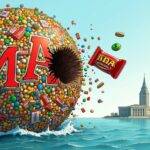 An illustration of Mars Inc.'s logo made from M&M's candies and Pedigree dog food packaging pieces forming a giant globe with Kellanova's Pringles, Cheez-It, and Kellogg’s corn flakes boxes rising out of the surface. A Snickers bar is broken in half to reveal a dollar sign inside as it falls into the ocean below. The CIA headquarters building appears on the horizon behind Mars Inc.'s nondescript office building with no logo or signage visible. Valerie Mars stands at the edge, looking out over the scene while holding an M&M's candy and wearing a business suit.