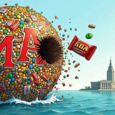 An illustration of Mars Inc.'s logo made from M&M's candies and Pedigree dog food packaging pieces forming a giant globe with Kellanova's Pringles, Cheez-It, and Kellogg’s corn flakes boxes rising out of the surface. A Snickers bar is broken in half to reveal a dollar sign inside as it falls into the ocean below. The CIA headquarters building appears on the horizon behind Mars Inc.'s nondescript office building with no logo or signage visible. Valerie Mars stands at the edge, looking out over the scene while holding an M&M's candy and wearing a business suit.