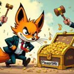 A cartoonish illustration depicting Martin Shkreli as a sly fox with a mischievous grin, surrounded by musical notes and Wu-Tang Clan's Once Upon a Time in Shaolin album cover art, being chased away from a treasure chest labeled 'PleasrDAO' by a pair of stern-looking lawyers wielding gavels.