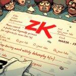 An illustration of a giant, abandoned trademark application form with 'ZK' scribbled out in red ink across it, surrounded by scattered papers with zero-knowledge proof equations written on them. A faint image of Matter Labs logo can be seen torn and discarded at the bottom corner. The background is filled with tiny images of angry faces from different cultures looking down upon the abandoned form. In the top left a small clock ticking away amidst broken chains, symbolizing freedom.