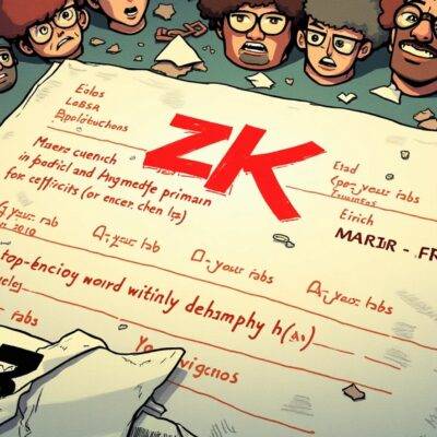 An illustration of a giant, abandoned trademark application form with 'ZK' scribbled out in red ink across it, surrounded by scattered papers with zero-knowledge proof equations written on them. A faint image of Matter Labs logo can be seen torn and discarded at the bottom corner. The background is filled with tiny images of angry faces from different cultures looking down upon the abandoned form. In the top left a small clock ticking away amidst broken chains, symbolizing freedom.