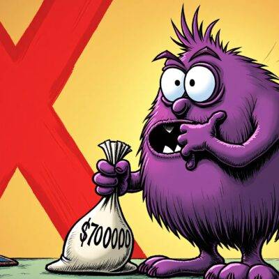 An illustration depicting Grimace, the purple mascot from McDonald's, holding a bag of money with $700,000 written in it while standing next to an empty Solana wallet. In the background is a large red X symbolizing failure and loss. A faint image of a rug being pulled can be seen at the bottom left corner of the illustration. Grimace has a shocked expression on his face as he looks down at the money bag, with one hand covering his mouth in surprise. The overall style is comic book-inspired with bold lines and vibrant colors.