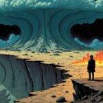 An illustration of the earth with cracks and fissures spreading across its surface as it sinks into an ocean. The sky above is darkened by a massive cloud formation resembling a mushroom cap. In the foreground, flames engulf what appears to be a cityscape while in the background, buildings crumble amidst debris. A solitary figure stands at the edge of the cliff overlooking this devastation with their back turned towards the viewer as they gaze out into space. The earth's surface is cracked and barren with scattered rocks and rubble strewn about.