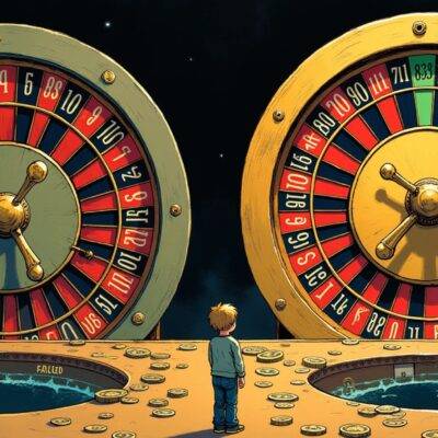 An illustration of a roulette wheel with 38 numbered slots, some filled in as winning numbers, while others are empty or marked "Rugpull" and "Dead". A small figure stands at the edge of the table, looking dejectedly into an abyss labeled "$100 Bet", surrounded by coins that have sunk beneath its surface. In contrast to this scene is a second roulette wheel with 833 slots, only one filled in as a winning number, while others are marked "Failed" and "Graduated".