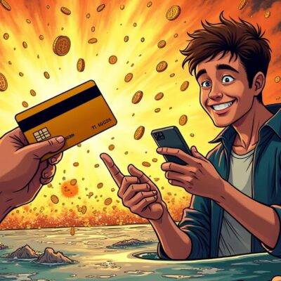 An illustration of a person holding a debit card with an explosion in the background representing volatility and chaos while they are smiling at a digital wallet on their phone that has a steady, calm landscape. The debit card is surrounded by coins and tokens floating around it as if being held together by some invisible force. In the foreground there's a faint image of a bank account statement showing significant losses due to crypto market fluctuations but still somehow connected to the person holding the debit card in their hand.