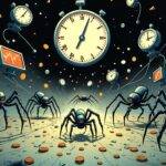 An illustration of a chaotic market scene: bots are depicted as giant spiders crawling across screens displaying cryptocurrency prices, while humans are shown running away in fear; at center stage, a large clock is ticking down amidst scattered coins and broken glass; three smaller clocks on the periphery show different times, symbolizing the protocol's pre-processing, auction, and execution stages