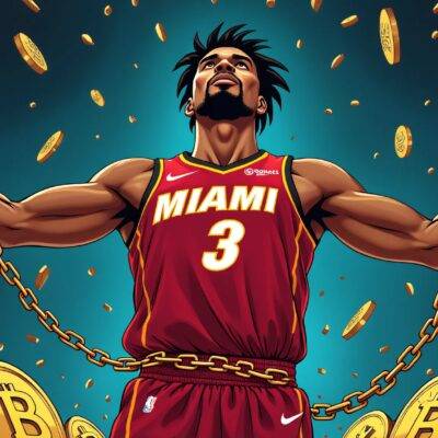 An illustration of a basketball player, Jimmy Butler in his Miami Heat jersey and holding a Binance branded basketball with broken chains around it. The background is filled with falling cryptocurrencies from the lawsuit list: SOL, ADA, MATIC, FIL, ATOM, SAND, MANA, ALGO, AXS, COTI. In front of him are two large coins labeled as "BUSD" and "BNB". A faint image of a judge's gavel is seen in the distance with broken chains around it too. The basketball player has his arms outstretched upwards while looking down at the falling cryptocurrencies.