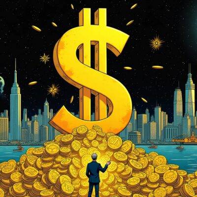 An illustration of a giant dollar sign standing on top of Manhattan, with skyscrapers and buildings made out of gold coins; at its base is an image of Louisiana being sold to the United States for beads, Alaska with oil rigs, and New York City's Port. In the background are images of computers and servers representing cyberspace, while a giant bitcoin symbol rises above them all. The dollar sign has arms around itself holding onto gold coins as if protecting its value; at its feet is an image of Saylor speaking to people in front of him with open hands gesturing towards the future.