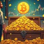 An illustration: A man with an optimistic expression stands in front of a large pile of gold coins that are overflowing from a treasure chest. He is surrounded by dollar signs swirling around him like confetti. In the background, there's a faint image of a bitcoin logo on a screen displaying rising stock prices and charts showing significant growth. The atmosphere is vibrant with colors representing wealth and prosperity. A subtle hint of inflation can be seen in the form of tiny flames licking at the edges of the treasure chest, but they are easily contained by the man's confident stance.