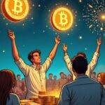 An illustration: A party scene with people watching in awe, while someone at the center is holding up two large stacks of coins (one stack has a 'M' on it) and another person next to them holds an oversized check for $8.3 billion; above them are floating 226,500 tiny bitcoin logos arranged like fireworks exploding into the sky with some falling down towards the partygoers who look excitedly upwards at the spectacle. The scene is set against a dark blue background with stars shining through and there's a subtle hint of smoke rising from below to add an air of excitement;