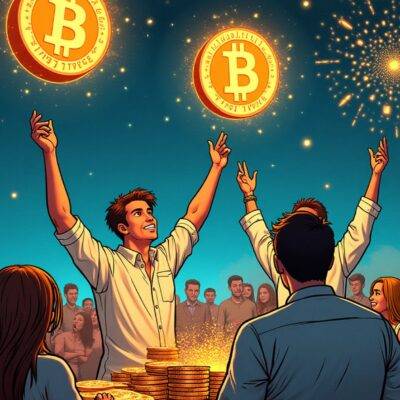 An illustration: A party scene with people watching in awe, while someone at the center is holding up two large stacks of coins (one stack has a 'M' on it) and another person next to them holds an oversized check for $8.3 billion; above them are floating 226,500 tiny bitcoin logos arranged like fireworks exploding into the sky with some falling down towards the partygoers who look excitedly upwards at the spectacle. The scene is set against a dark blue background with stars shining through and there's a subtle hint of smoke rising from below to add an air of excitement;