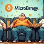 An illustration of three overweight men sitting on couches in front of computer screens displaying stock charts and Bitcoin prices rising rapidly; one man is holding an empty pizza box while another has a bag of chips next to him. The background shows MicroStrategy's logo with the company name written below it, surrounded by dollar signs and coins falling from above. A faint image of South Korea can be seen in the top right corner. In the foreground, there are scattered papers on the floor displaying stock prices increasing rapidly.