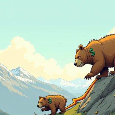 An illustration of a bear climbing up a mountain with an arrow pointing upwards from its backside, while another bear is sliding down the same mountain but much faster than the first one; both bears have dollar signs and coins attached to their fur; in the background, two mountains are shown side by side: one has a higher peak
