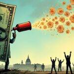 An illustration of a giant dollar bill with a whistle attached on top blowing into a wind that carries away digital asset scams and frauds in various forms (e.g., fake websites, phishing emails) while the CFTC logo is seen at the bottom as a shield protecting people from these threats. In the background, there are silhouettes of Americans falling victim to these scams but then being saved by the wind carrying information about proper trading practices and digital asset security measures. The dollar bill has stars around it symbolizing excellence in whistleblowing efforts.