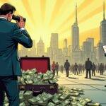 An illustration of a suited financial advisor standing in front of an open briefcase overflowing with dollar bills while looking at the viewer through binoculars. In the background is a cityscape with skyscrapers and people walking on streets but all are blurred out except for one person holding a smartphone showing a bitcoin price chart, who stands still amidst chaos.