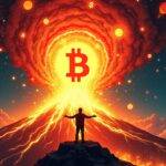 An illustration of an explosive volcano erupting into space with Microstrategy's logo at its center surrounded by swirling clouds of bitcoin symbols; flames engulfed by stars and planets representing amplified exposure to risk; the background is dark blue night sky filled with shooting stars symbolizing volatility. In the foreground, a silhouette figure stands on the edge of a cliff overlooking the volcano, arms outstretched in defiance as if embracing the eruption. The overall mood is one of intense energy and warning about taking risks.