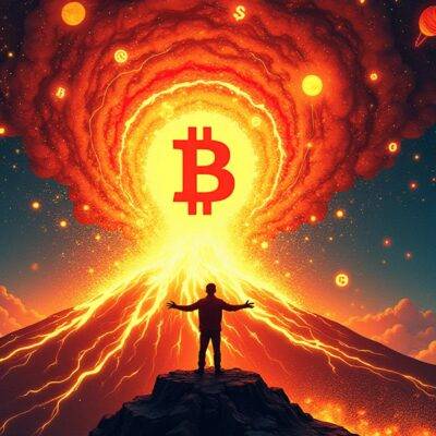 An illustration of an explosive volcano erupting into space with Microstrategy's logo at its center surrounded by swirling clouds of bitcoin symbols; flames engulfed by stars and planets representing amplified exposure to risk; the background is dark blue night sky filled with shooting stars symbolizing volatility. In the foreground, a silhouette figure stands on the edge of a cliff overlooking the volcano, arms outstretched in defiance as if embracing the eruption. The overall mood is one of intense energy and warning about taking risks.