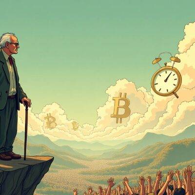 An illustration of an old man with a briefcase and walking stick standing at the edge of a cliff overlooking a valley filled with people holding coins in celebration below him; he is looking down relieved while his face shows signs of weariness. In the background there are clouds shaped like bitcoin symbols, some rising up to join them as others fade away into nothingness. The old man's clothes and briefcase have hints of Japanese culture incorporated into their design. A faint image of a clock ticking can be seen in one corner with its hands moving slowly towards 10 o'clock.