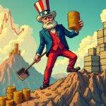An illustration featuring an image of Uncle Sam holding a large stack of bitcoin tokens, while standing on top of a mountain range made up of stacks of worthless paper money; he is surrounded by clouds shaped like dollar signs and coins. In his other hand, he holds a shovel that digs into the ground revealing more mountains of worthless currency beneath him. The background features an image of a rising stock market graph with bitcoin tokens replacing traditional stocks on the chart.