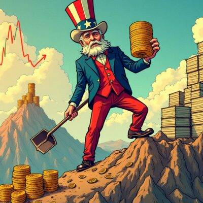 An illustration featuring an image of Uncle Sam holding a large stack of bitcoin tokens, while standing on top of a mountain range made up of stacks of worthless paper money; he is surrounded by clouds shaped like dollar signs and coins. In his other hand, he holds a shovel that digs into the ground revealing more mountains of worthless currency beneath him. The background features an image of a rising stock market graph with bitcoin tokens replacing traditional stocks on the chart.