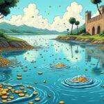 An illustration of a river Styx overflowing with coins and cryptocurrency symbols being swept away by malware creatures, while Windows operating systems on shore remain safe behind fortified walls; below, a developer's website is shown to be abandoned, its pricing table replaced with another product, as Telegram purchases are made in various cryptocurrencies