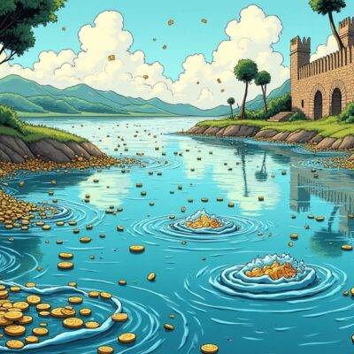 An illustration of a river Styx overflowing with coins and cryptocurrency symbols being swept away by malware creatures, while Windows operating systems on shore remain safe behind fortified walls; below, a developer's website is shown to be abandoned, its pricing table replaced with another product, as Telegram purchases are made in various cryptocurrencies