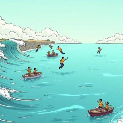 An illustration: A cartoon figure representing Vanguard is standing at the edge of a cliff overlooking an ocean, while in the background several figures are jumping off into the water below labeled "Crypto ETFs". The Vanguard character has its arms crossed and appears to be looking away from the jumpers. In contrast, nearby waves show calm waters with some boats sailing on them representing stable investments. A small boat is approaching a safe harbor marked by lighthouses indicating protection against risks.