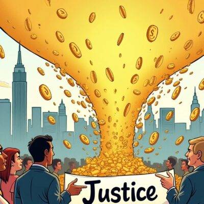 An illustration: A cartoon New York City skyline with a giant pyramid scheme bubble bursting above it; inside the cityscape are people from different ethnic backgrounds looking relieved as they walk away from falling cryptocurrency coins and dollar signs. In the foreground, two figures representing Attorney General Letitia James stand triumphantly holding a "Justice" banner while pointing at the shattered remains of the pyramid scheme bubble in the background.