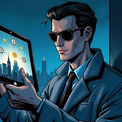 An illustration of a detective wearing sunglasses holding up an iPad showing the New York City skyline with cryptocurrency symbols floating above it; in the background are blurred images of hackers at computers, while on the left side there is a faint image of money flying out of a wallet. The colors used are dark blues and grays for contrast to represent night time or digital space. In one corner, an arrow points upwards towards the skyline with cryptocurrency symbols indicating growth and progress in combating cybercrimes.