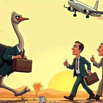An illustration of an ostrich wearing a suit running away from two men holding briefcases and looking frustrated while one man in the background is smiling and giving thumbs up to another person standing next to him. The scene takes place on a Nigerian savannah with palm trees, hills and sun setting behind them. In the foreground, there are some scattered papers and empty coffee cups around the ostrich's feet. A small plane flies by above the scene leaving a trail of smoke in its wake.