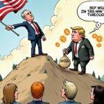 An illustration: A cartoonish image depicting Paul Krugman standing on top of a mountain with an American flag in one hand. In front of him is Donald Trump holding a small bag labeled "Bitcoin" while being pulled down by the weight of it. The background shows Bitcoin logos and money laundering symbols, as well as Peter Thiel's Founders Fund logo. A group of people are shown at the bottom looking up to Krugman with worried expressions on their faces.