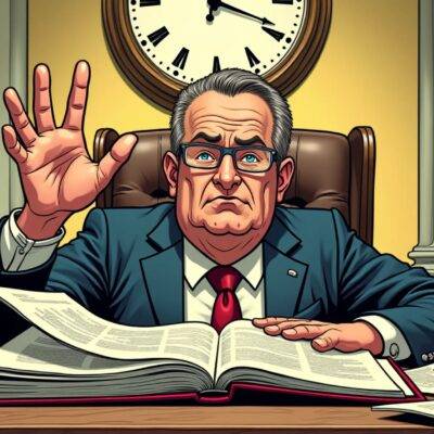 An illustration: A confused-looking governor sits at his desk with papers scattered around him; a large clock ticks away on the wall behind as he holds up one hand to stop time. In front of him is an open book titled "Central Bank Digital Currencies" but it's upside down and has several pages torn out, while in the background there are two figures - one representing progress with a digital tablet under their arm walking towards the governor from afar; another figure represents caution holding up a shield to protect against potential threats.