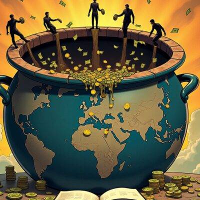 An illustration of a large empty pot with cracks on its surface from which money is pouring out into the hands of several people in different locations around the world. In one corner, two figures are shown holding briefcases full of cash while smiling at each other; another figure stands alone looking worried and clutching their head. A globe below shows various countries marked but most areas appear darkened as if drained by a void. The background is filled with swirling clouds that resemble smoke or mist. In the foreground, several coins are scattered on the ground near an open book lying f
