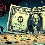 An illustration of a giant dollar bill with cracks spreading across it as if broken glass; in the background, people running away from falling coins while others are shown being swept up by an unseen force into dark clouds. A faint image of a crypto exchange screen is visible at the top left corner showing plummeting prices and red alerts. In the foreground, a few scattered dollars with some still intact but many broken pieces littered around them as if they were once part of something larger now shattered beyond repair. The overall atmosphere conveys chaos and loss amidst financial ruin.