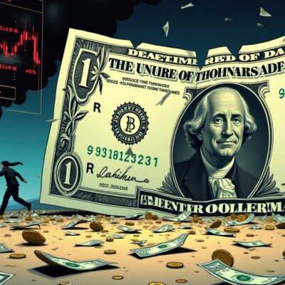An illustration of a giant dollar bill with cracks spreading across it as if broken glass; in the background, people running away from falling coins while others are shown being swept up by an unseen force into dark clouds. A faint image of a crypto exchange screen is visible at the top left corner showing plummeting prices and red alerts. In the foreground, a few scattered dollars with some still intact but many broken pieces littered around them as if they were once part of something larger now shattered beyond repair. The overall atmosphere conveys chaos and loss amidst financial ruin.