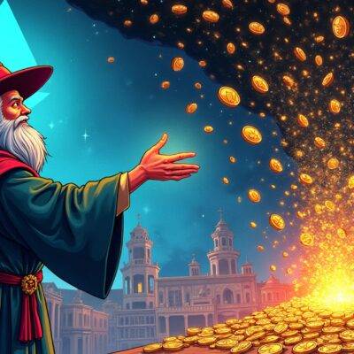 An illustration of a wizard waving his hands at the void with quadrillions pouring out in coins from above while users' wallets are shown being drained below. A marketplace scene is depicted where Web3 protocols pay incentives to redirect assets, liquidity, and engagement. In the background, Ethereum's logo can be seen along with other blockchain logos representing various ecosystems that Nudge will extend across. The atmosphere is vibrant and magical as quadrillions flow freely in a whimsical representation of DeFi protocol magic.