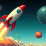 A stylized illustration depicting a rocket soaring into space with flames and sparks trailing behind it. The rocket is labeled as 'Nvidia' in bold font but this label is not present on our image, instead we see an arrow pointing upwards from the base of the rocket to represent growth. In the distance, two large balls are shown: one representing Nvidia's current market capitalization ($3 trillion) and another much larger ball with a dollar sign indicating $10 trillion in size.