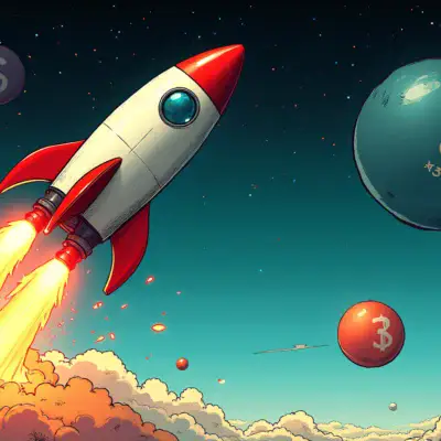 A stylized illustration depicting a rocket soaring into space with flames and sparks trailing behind it. The rocket is labeled as 'Nvidia' in bold font but this label is not present on our image, instead we see an arrow pointing upwards from the base of the rocket to represent growth. In the distance, two large balls are shown: one representing Nvidia's current market capitalization ($3 trillion) and another much larger ball with a dollar sign indicating $10 trillion in size.