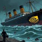 An illustration of a sinking ship in stormy waters, its hull cracked open revealing Nvidia's logo inside; GPU chips floating away from it like debris as lawyers are shown scrambling on the deck with briefcases and wallets overflowing with money while industry heavyweights such as Crypto.com, Ripple, and Binance stand by watching anxiously. The background is a dark grey-blue hue representing chaos and uncertainty. In the foreground, Nvidia's logo lies broken amidst the wreckage of GPU chips symbolizing its billion-dollar slip-up that has sent lawyers scrambling for their wallets.