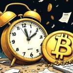 An illustration of an old-fashioned alarm clock ringing with its hands pointing at midnight and the background is filled with falling stocks from various industries including cryptocurrency symbols amidst chaos. A giant Bitcoin symbol lies broken on the ground in front of it while nearby are scattered papers labeled as "options" and a calendar showing September 2023, indicating that time has run out for investors to act before more losses occur. The overall atmosphere conveys panic and urgency with bold lines used throughout the image.