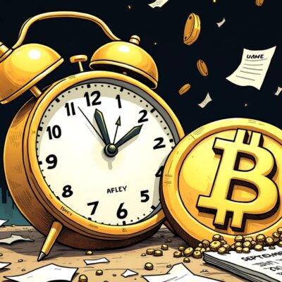 An illustration of an old-fashioned alarm clock ringing with its hands pointing at midnight and the background is filled with falling stocks from various industries including cryptocurrency symbols amidst chaos. A giant Bitcoin symbol lies broken on the ground in front of it while nearby are scattered papers labeled as "options" and a calendar showing September 2023, indicating that time has run out for investors to act before more losses occur. The overall atmosphere conveys panic and urgency with bold lines used throughout the image.